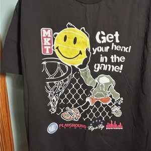 Market Smiley Face Get your head in the game black graphic t-shirt